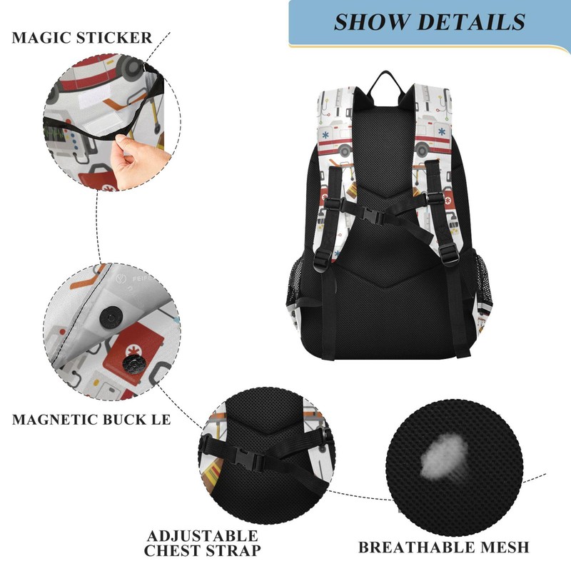 Glaphy Ambulance Cars Pattern Backpack School Bag Lightweight Laptop Backpack