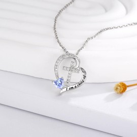 MANBU Sterling Silver Cross Necklace for Girls: Heart Birthstone I am a Child of God Pendant Religious Jewelry Baptism First Communion Confirmation Gifts for Teens (06-June)