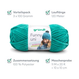 Gründl Funny Plain Soft Chenille Wool for Crocheting, Chenille Yarn Made of 100% Polyester, 2 Balls (100 g/120 m, Needle Size: 5-6), Emerald