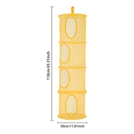 Hanging Mesh Storage Bag, Hanging Toy Storage, 4 Tier Compartment Foldable Hanging Storage Basket Teddy Storage Mesh Basket for Kids Room, Bathroom, Balcony (Yellow)