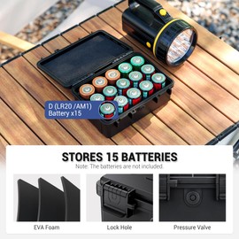 KIWIFOTOS D Cell Battery Organizer Case IP67 Waterproof 15 Slots D Cell LR20 Alkaline Batteries Storage Holder for Household Outdoor Camping Office Shockproof