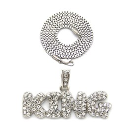 NYFASHION101 Stone Stud Bubble Letter King Pendant with 2mm 24" Box Chain Necklace, Silver-Tone
