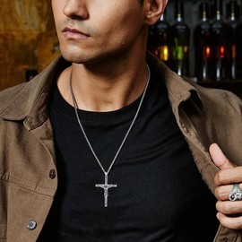 PDTJMTG Crucifix Necklace for Men Sterling Silver Men’s Crucifix Cross Pendant with 22”+2” Stainless Steel Chain Gift for Men (03)