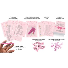 Dessie Ultimate Baby Shower Game Set - 9 Unique Girl Games, 100 Mini Clothespins, 100 Mini Acrylic Pacifiers, 25 Pens