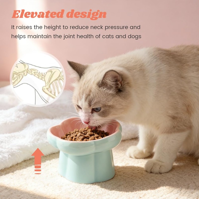 Meirivrn Ceramic Elevated Slow Feeder Cat Bowl, Tilted Flower-Shaped Cat