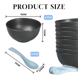 Flewdart 8pcs Reusable Plastic Thicken Bowl 700ml with 8 Spoons, Large Reusable Plastic Bowl Lunch Bowl for Kitchen and Camping (Black)