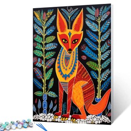 Tucocoo Gond Animal Fox Oil Painting Paint by Number Kits 16 x 20 inch Canvas Gond Painting Style Fox Art DIY Oil Painting for Kids Students Adults Beginner with Brushes Acrylic Pigment(DIY Frame)