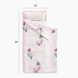 Wake In Cloud - Nap Mat with Removable Pillow for Kids Toddler Boys Girls Daycare Preschool Kindergarten Sleeping Bag, Mermaids on Light Pink, 100% Soft Microfiber