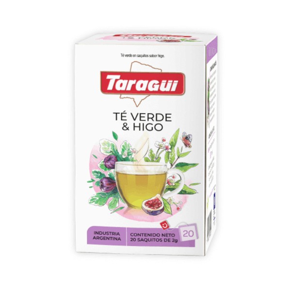 Taragüi Green Tea with Fig Delightful Flavor Blend Té Verde & Higo (box of 20 bags)