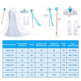 Traje de Princesa de Nieve con Guantes de Cetro de Corona de Peluca,Adecuado para Disfraces de Fiesta de Cumpleaños de Niñas,Adecuado para Disfraces de Carnaval (Blanco, 130(5-6T))