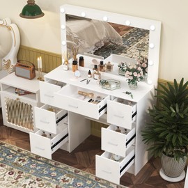 Vanity Desk with Mirror and Lights, 7 Drawers Vanities Makeup Table with 11 LED Lights, Lots Storage Vanity Desk for Girls Bedroom