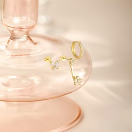 WOZNU Set of 3 Earrings, 925 Silver Set for Women, 14 Carat Gold-Plated Small Stud Earrings, Silver 925 Set, Stackable Cubic Zirconia Stud Earrings, Hoop Earrings Set for Multiple Piercings