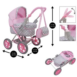 509 Crew: Cotton Candy Pink: Amanda Doll Pram - Pink, Grey, Polka Dot - W/Matching Handbag, Foldable, Removable Bassinet, Kids Pretend Play, Ages 3+