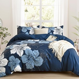 DJY 3 Pieces Duvet Cover Set Queen Navy Blue Floral Pattern Comforter Cover Elegant Boho Floral Duvet Cover with 2 Pillow Cases Lightweight Microfiber Bedding Duvet Cover Set All Season 90"x90"