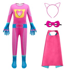 SHELOVESIT Girls Cute Kitties Jumpsuit with Long Cape Cosplay Outfits for Parties- 130cm/6T-7T - Red