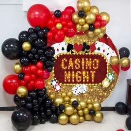 Laeacco 7.5x7.5ft Casino Night Round Backdrop Las Vegas Chips Poker Dice Circle Backdrop Red Curtain Gold Shining Photography Background for Casino Birthday Dress-Up Prom Party Portrait Booth Props