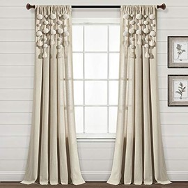 Lush Decor - Cortina de Ventana con Pompones Bohemios (Panel Individual), 84 x 52 Pulgadas (Largo x Ancho), Lino Oscuro