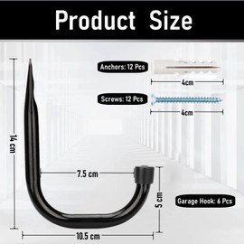 PiPaFox Garage Hooks, 6 Pack Heavy Duty Storage Hooks, 10.5cm Garden Tool Utility Hooks, Fastening Hooks for Wall Mounting Load Capacity 45lbs/20kg