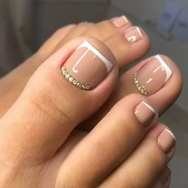 French Tip Press on Toenails Short Square Fake Toe Nails Nude Nature False Toenails with Rhinestone Acrylic Nails Full Cover Glue on Nails for Women Nails Decoration Manicure 24Pcs
