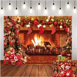 Christmas Photo Backdrop Xmas Fireplace Decoration 7x5FT Vintage Xmas Tree Sock Gifts Photography Background for Family Kids Portrait Photo Booth Props