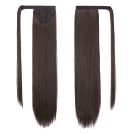 FESHFEN Straight Long Ponytail Extensions 24 Inch Brown Wrap Around Synthetic Ponytails Hair Piece Pony Tail Hair Extensions Hairpieces for Women Girls