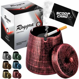 roygra Ashtray with Lid, Windproof Smokeless Metal Ashtray – Red, Medium Size (4.39 x 3.54 x 3.54’’)
