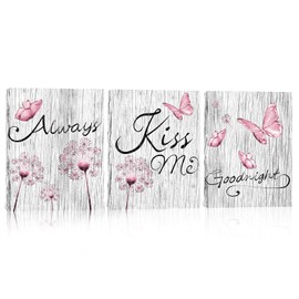 Kalormore Picture for Bedroom Pink and Grey Dandelion and Butterflies Giclee Prints Romance Rustic Always Kiss Me Goodnight Inspire Canvas Wall Art Ready to Hang