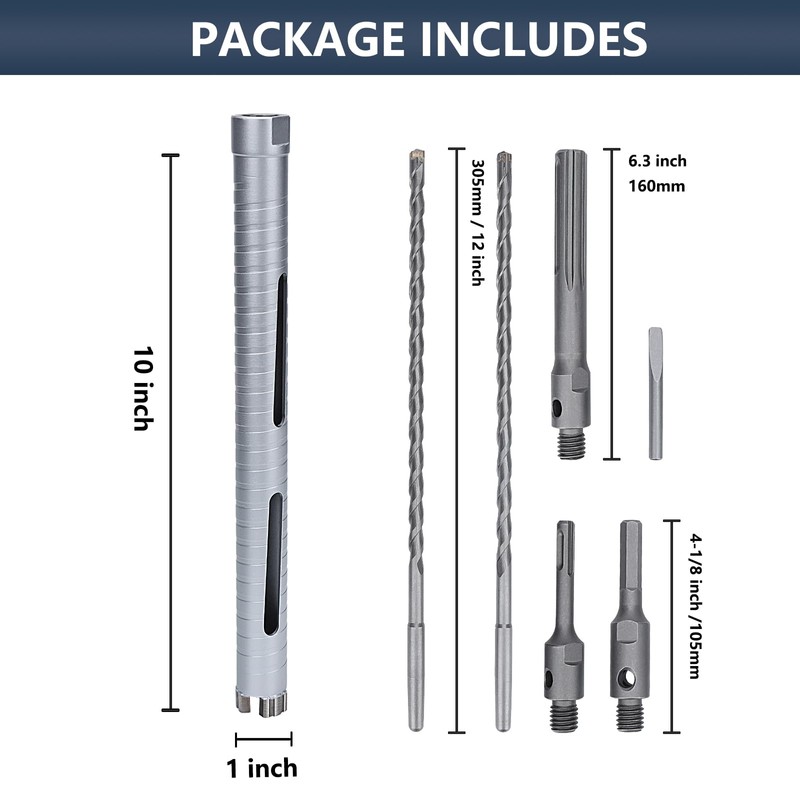 1 inch Diamond Dry Core Drill Bit, 10" Drilling Depth,
