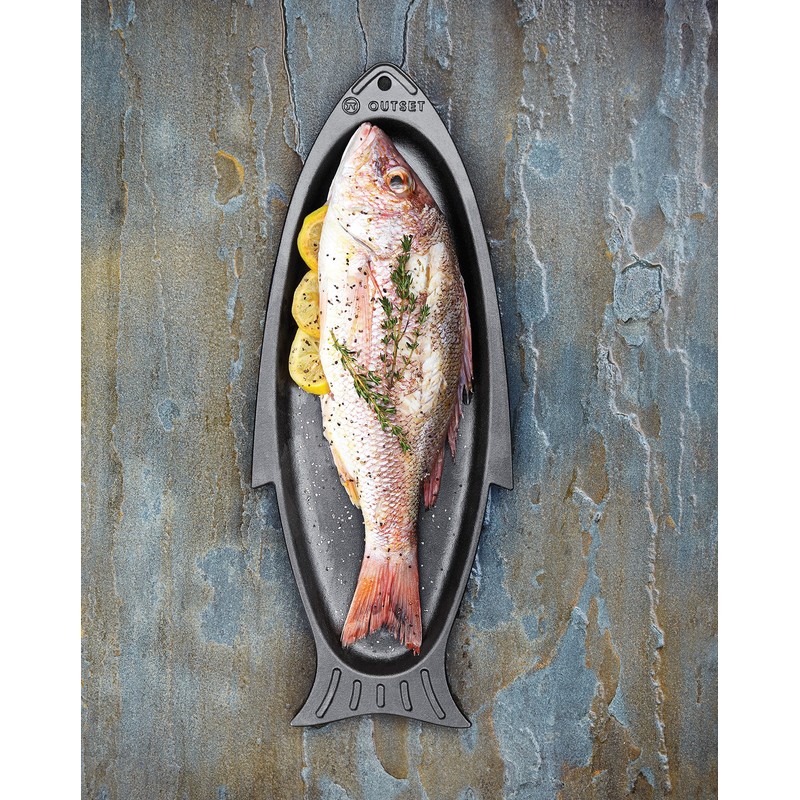 Outset 76376 Fish Cast Iron Grill and Serving Pan Black,