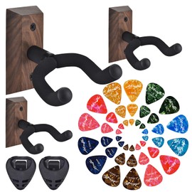 MOREYES Guitar Wall Mount 3 Pack, 42Pcs Guitar Picks with 7 Thickness 0.46 0.58 0.71 0.81 0.96 1.20 1.50 mm for Guitar, Rotatable U-Shaped Guitar Hanger for Acoustic Guitar, Black Walnut, Black