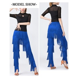 Fringe Dancing Pants for Women Tassel Latin Dance Tango Ballroom Practice Salsa Performance Pants Blue 3XL