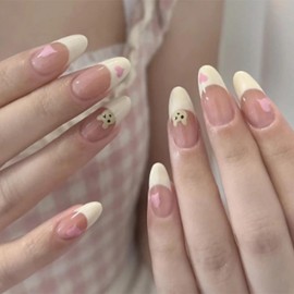 Nail Tip, Long Almond, 24 Pieces, Nail Tip, False Nails, White Edge, Popular, Japanese Style, Cute, Simple, Fashionable Party, Nail Tip, Autumn, Spring, Summer, Bride, Glossy, Coming of Age of