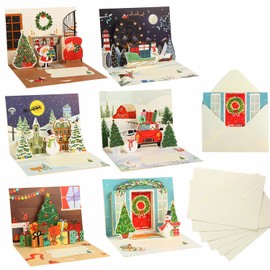 CCINEE 6 Pack 3D Christmas Cards,7"x5" Pop Up Xmas Greeting Cards Santa Snowman Christmas Tree Cards with Envelops for Kids Families Friends Christmas Gift