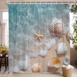 ChloropLastid Beach Ocean Themed Shower Curtain Sets for Bathroom, 72x72 Inch Hawaii Starfish Seashell Seashore Summer Coastal Seaside Washable Polyester Fabric Decorative with Hooks