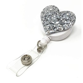 Bling Love Heart Glitter Retractable ID Badge Reel Holder with Alligator Clip 7 Colors (Silver)
