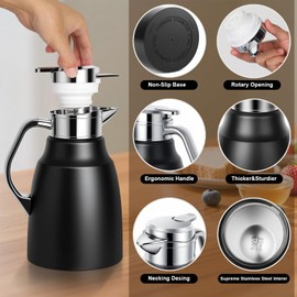 Esilihom 1.8L/61oz Thermal Coffee Jug,Double-Walled Vacuum Carafe Jug, Stainless Steel Coffee Pot, Insulated Teapot with Press Button Top, Warm & Cold Retention for Tea, Water, Drink (Black)