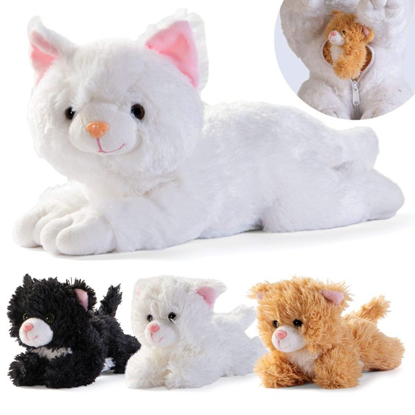 PREXTEX Plush Cat Toys Stuffed Animal w/ 3 Cats Baby Stuffed Animals - Big Cat Zippers 3 Little Plush Baby Kittens - Cat Plush Toys for Kids 3-5 - Stuffed Cat & Kitten Toy - Great Gift for Cat Lovers