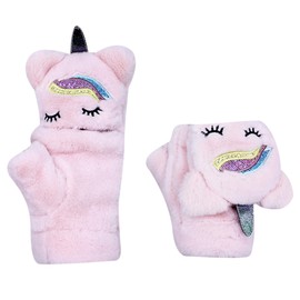 Girls Winter Convertible Mittens Cute Animal Unicorn Fleece Lined Warm Flap Cover Gloves Knit Mitten for Women Kids