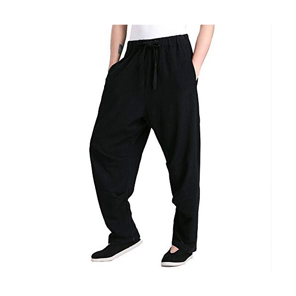ZooBoo Men's Martial Arts Pants Kung Fu Linen Trousers Tang Suit Pants (XXL, Black)