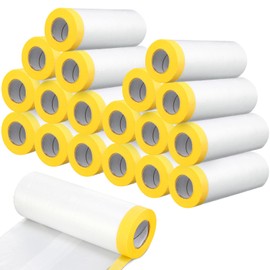 Seajan 18 Roll Painters Plastic with Tape Pre Taped Masking Film for Painting Automotive Paint Adhesive Protective Film Masking Tape Roll Plastic Painting Covering (White,5 x 65 Ft)