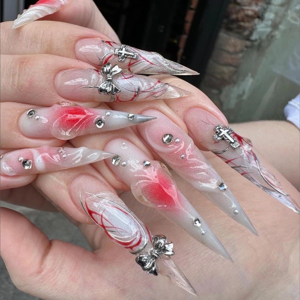MISUD Press on Nails Long Stiletto Fake Nails Glossy Glue