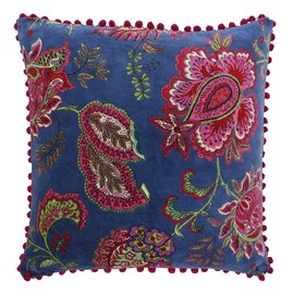 Riva Paoletti Malisa Square Cushion Cover - Smoke Blue - Paisley Indian Print - Faux Velvet Fabric - Pink Pompom Edges - Machine Washable - 100% Cotton - 50 x 50cm (20" x 20" inches)