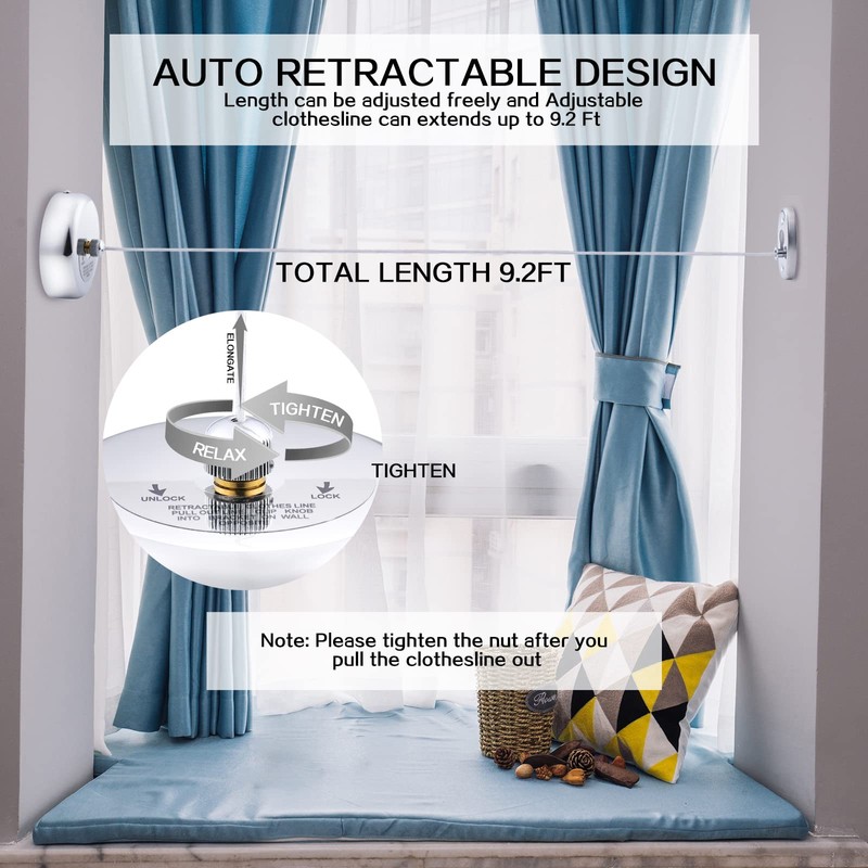 JIMSUMM Retractable Clothesline, 304 Stainless Steel Shower Clothesline, 9.2ft Adjustable