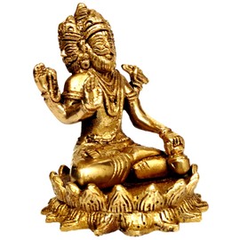 Purpledip Brass Idol Brahma Four Heads (Thai Phra Phrom) Sitting in Padamasana on Lotus: Rare Collection Statue (12045)