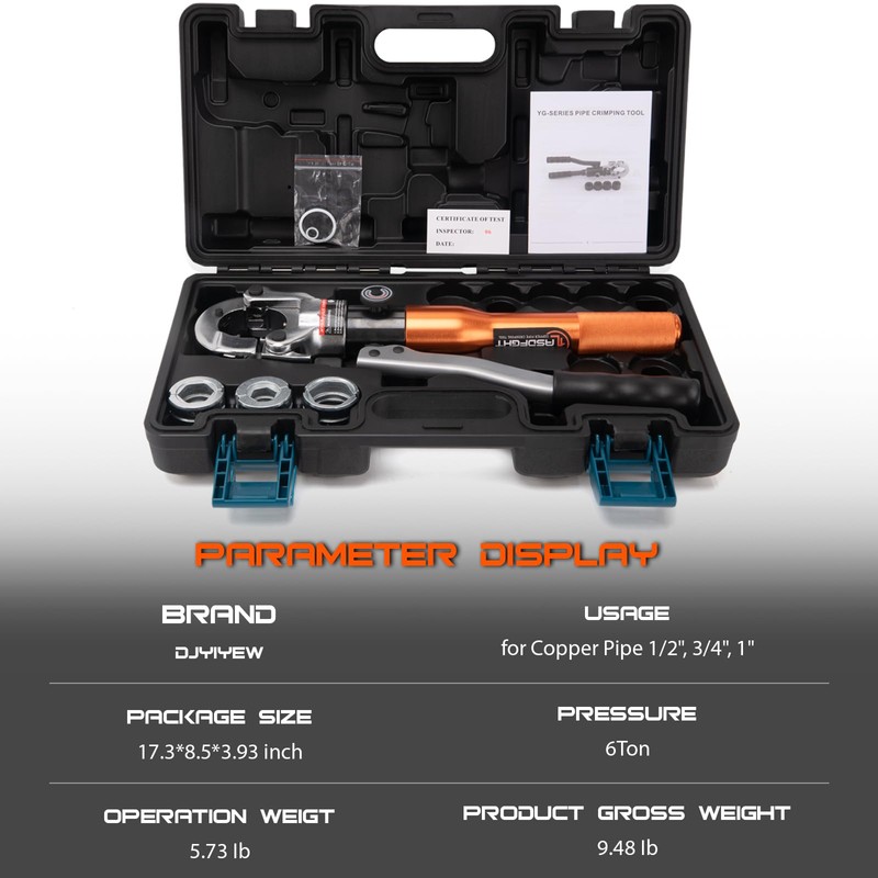 Copper Pipe Crimping Tool - with 1/2", 3/4", 1" Jaws,
