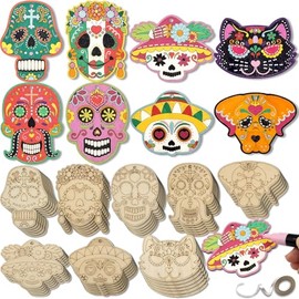 Generic 48-Piece Day of The Dead Sugar Skull Craft Kit - Unfinished Wooden Ornaments - DIY Paint & Hang - Adults