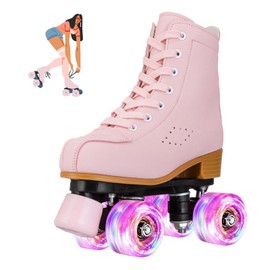 jessie Roller Skates for Girl and Women, PU Leather Light up Kids Roller Skates, Cute Adjustable Four-Wheel Beginner Youth Roller Skates Girls Ages 8-12 Outdoor Indoor (Youth 3.5, Pink)