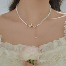 Yheakne Vintage Pearl Y Lariat Necklace Pearl Butterfly Choker Necklace Chain Crystal Butterfly Necklace Choker Pearl Y Drop Necklace Jewellery for Women, Zinc