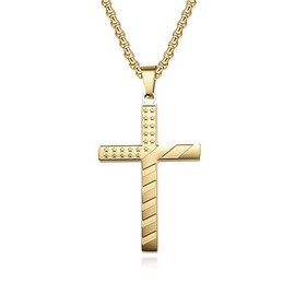 Gold Color, Stainless Steel Cross Necklace For Men - 24 Inch American Flag Cross Necklace, Mens Gold Cross Pendant Chain For Men w/ Plush Velvet Gift Box, Christian Necklace For Men & Boys