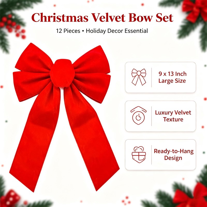 Classic Red Velvet Christmas Bows 12 Pack, 13" x 9"